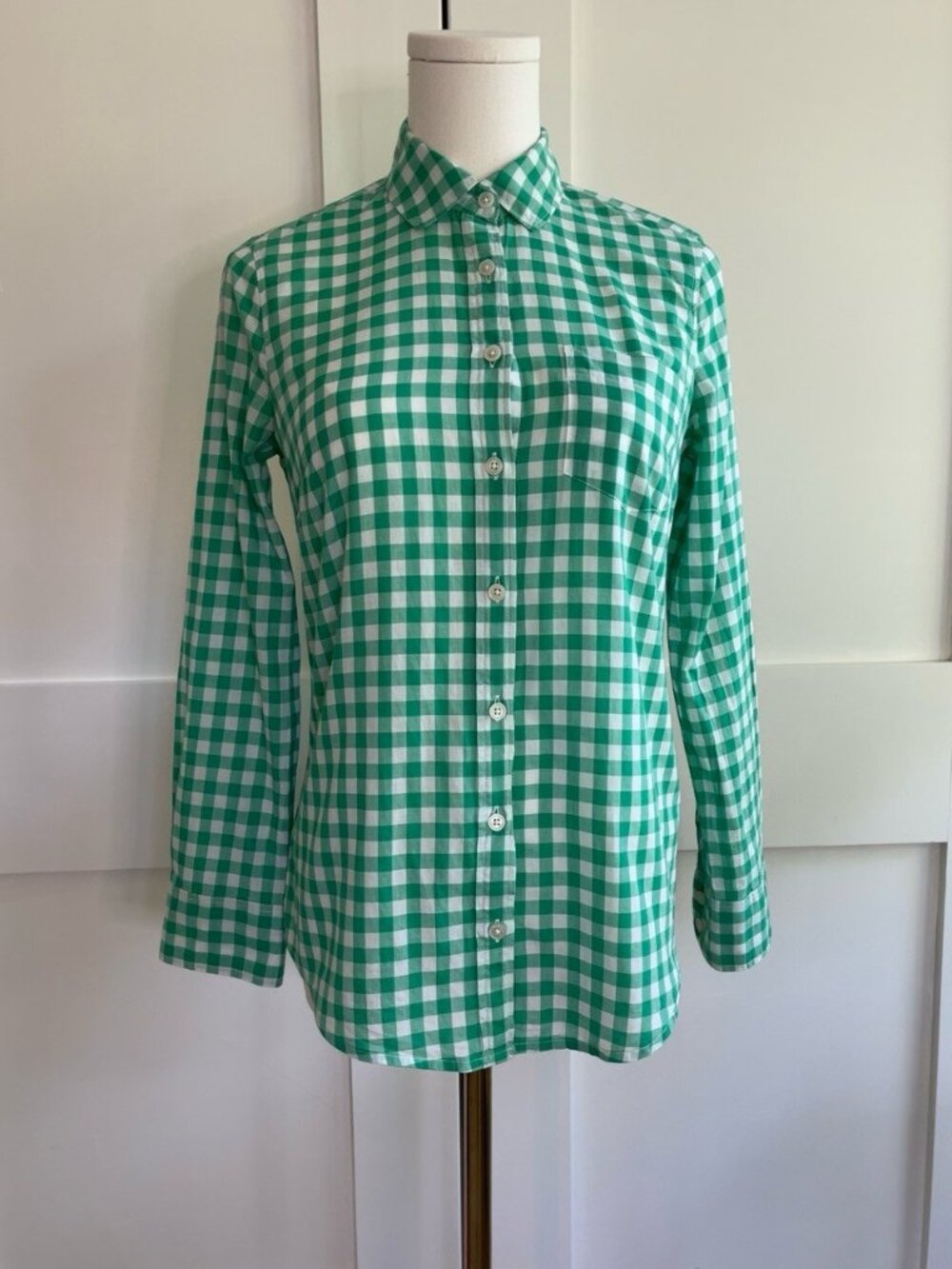 J.Crew Green White Gingham Button Front Shirt Petite XS 100% Cotton